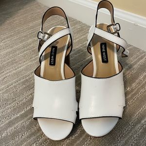 Nine West white platform heal open toe dress sandal with strap around the ankle